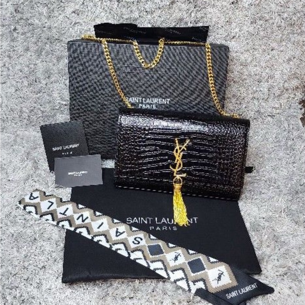 Saint Laurent Black and Gold Shoulder Bag with Croc-Embossed Detail
